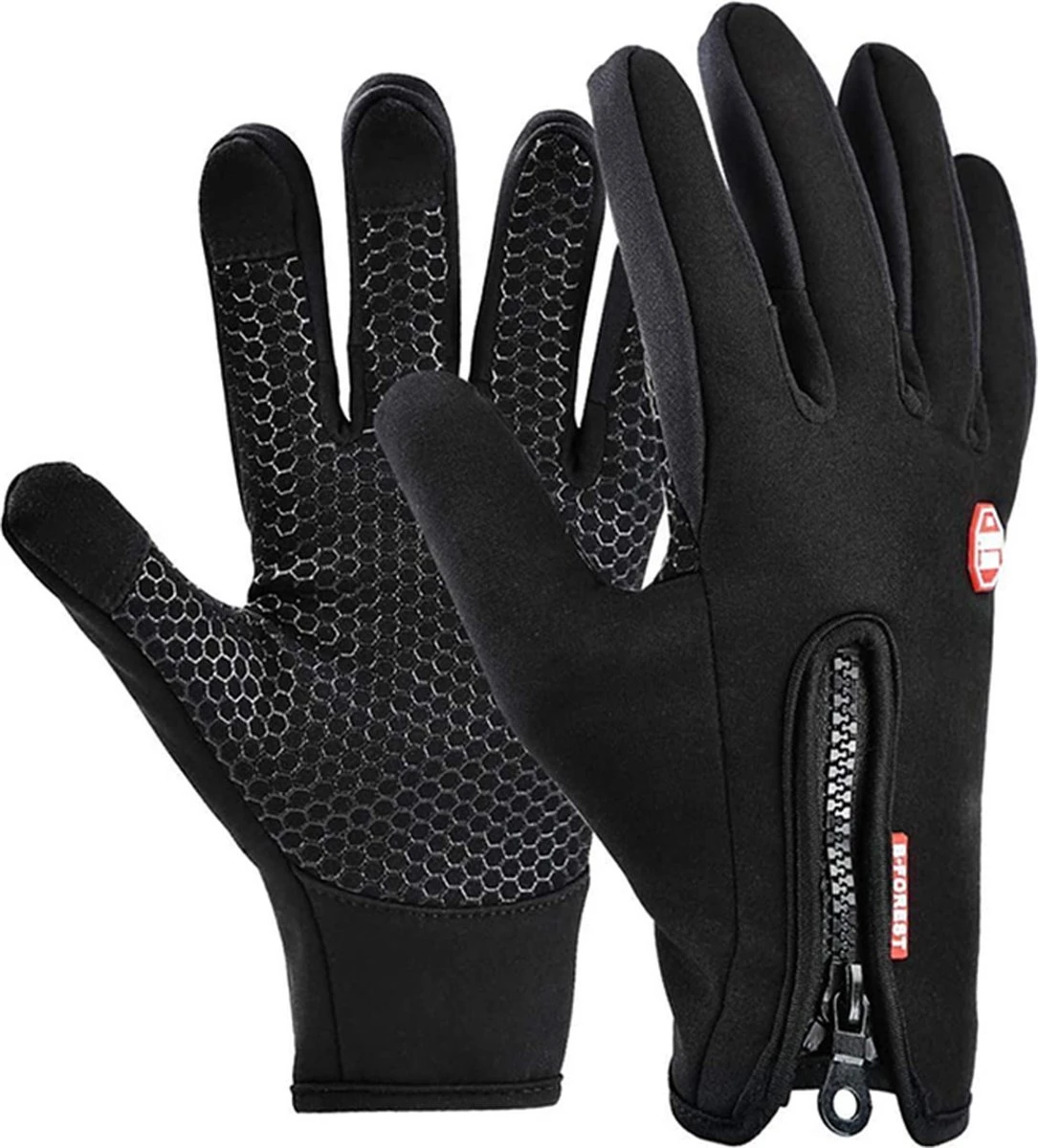 Fietshandschoenen Winter - Handschoenen - Sport Handschoenen Met Rits - Touchscreen Telefoon - Anti Slip Gloves - Heren / Dames - Maat S - Zwart - Kerst Cadeautje