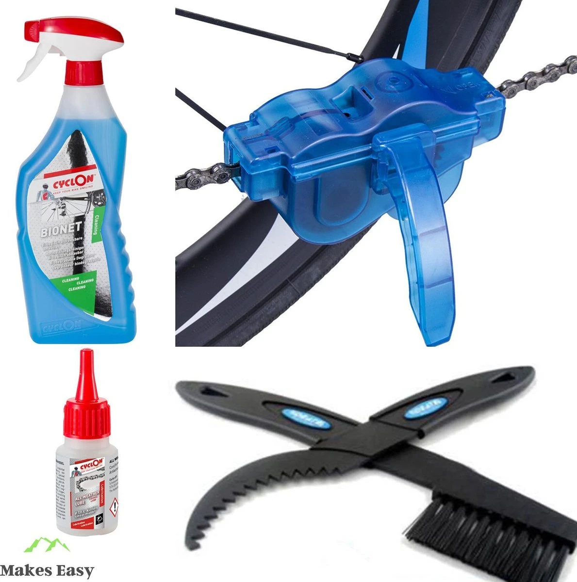 Makes Easy Kettingreiniger Cyclon Ontvetter BioNet en lube Totaal pakket Race MTB Makes Easy Kettingreiniger Cyclon Ontvetter BioNet En Lube Totaal Pakket Race MTB -Fietsaccessoire Winkel