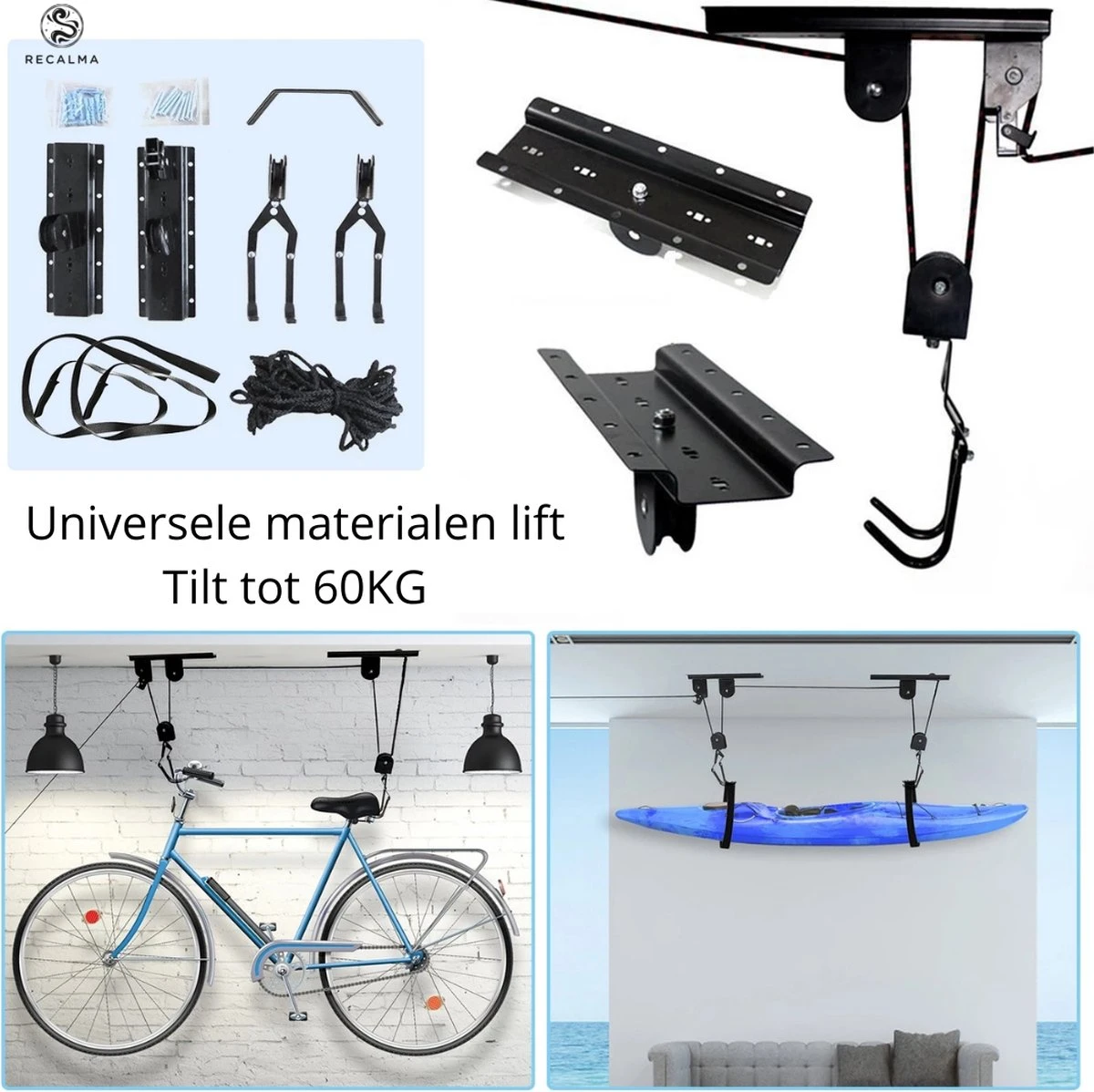Recalma Fietslift - 60 Kg draagkracht - Fietstakel - Universeel ophangsysteem - Elektrische fiets - Zwart Recalma Fietslift - 60 Kg Draagkracht - Fietstakel - Universeel Ophangsysteem - Elektrische Fiets - Zwart -Fietsaccessoire Winkel 1200x1198 3