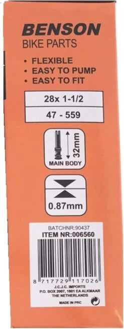 Benson Binnenband Rubber 28 X 1 1/2 - 40 - 635 - Dunlop Ventiel 32 Mm -Fietsaccessoire Winkel 454x1200