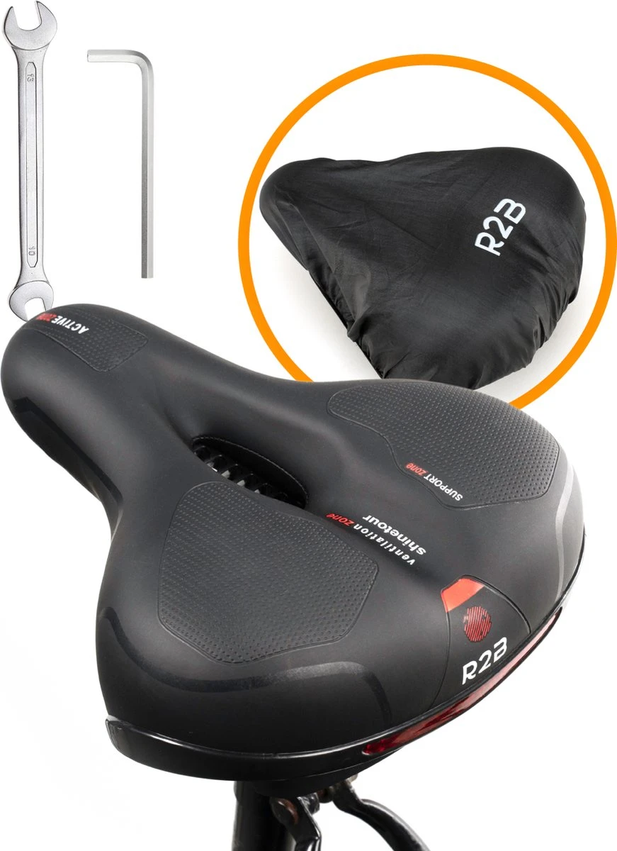 R2B® fietszadel voor Dames en Heren - Inclusief waterdichte zadelhoes - Zwart - Reflectie en ventilatie - Gel zadel / Gelzadel R2B® Fietszadel Voor Dames En Heren - Inclusief Waterdichte Zadelhoes - Zwart - Reflectie En Ventilatie - Gel Zadel / Gelzadel -Fietsaccessoire Winkel